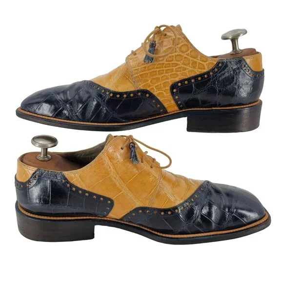 Mauri Vintage Alligator Exotic Mens 12M Honey Tan Navy Blue Dress Shoes Italy - Picture 6 of 10